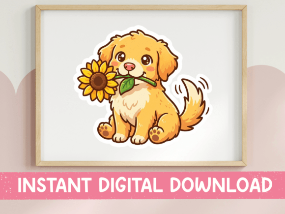 Golden Retriever Sunflower Sticker Print for Casual Graphics & T-Shirt Designs
