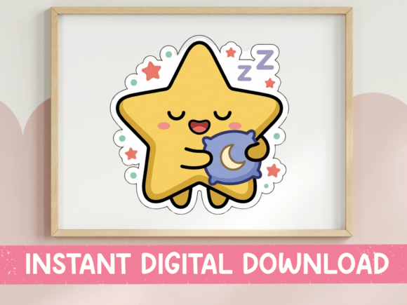 The Sleepy Star Hugging Moon Pillow Sticker Design Asset